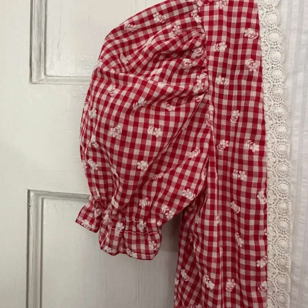 Vintage Girls Handmade Dress 70s Red White Gingham Embroidered‎ Apron Front Tie